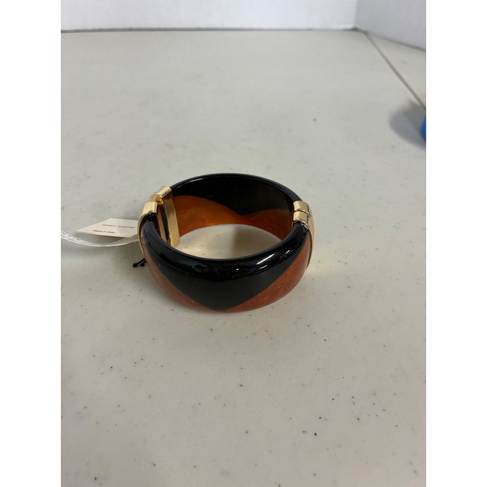 Piper K Black and Amber Resin Hinge Bangle Bracelet Gold Tone Magnetic Cuff